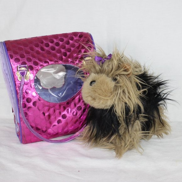Battat Pucci Pups Carrier Yorkshire Terrier Pink Polka Dot Gold Flowers Zippers - Picture 1 of 16
